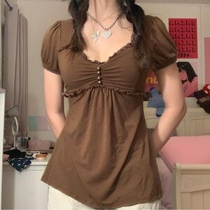 Brown Ruched Ruffled Blouse